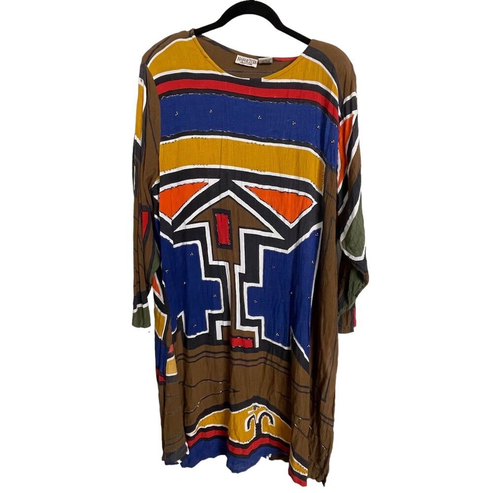 Nefertiti Collection Lagenlook Tribal Crinkled Embellished Dress Women's M - Picture 1 of 5